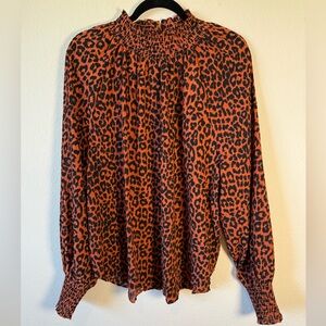 LOFT Orange & Black Leopard Print Blouse XXL Smocked Neck Long Sleeve NWT Chic